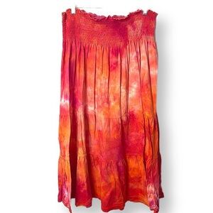 Hand crafted tie dye skirt tiered prairie flounce with wide smocking waist L